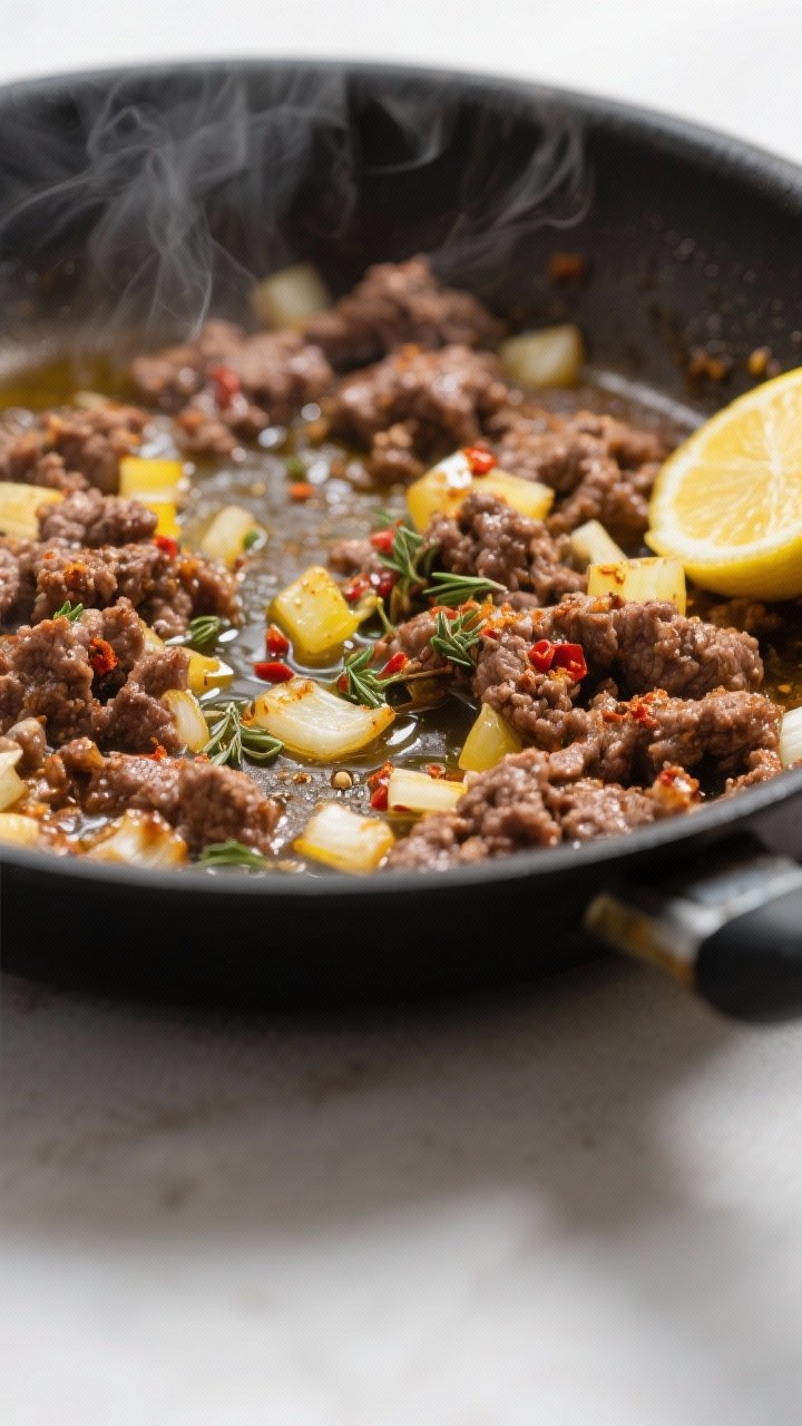 Cooking process, close-up detail: Juicy Mediterranean-spiced ground beef sizzling in a wide skillet,