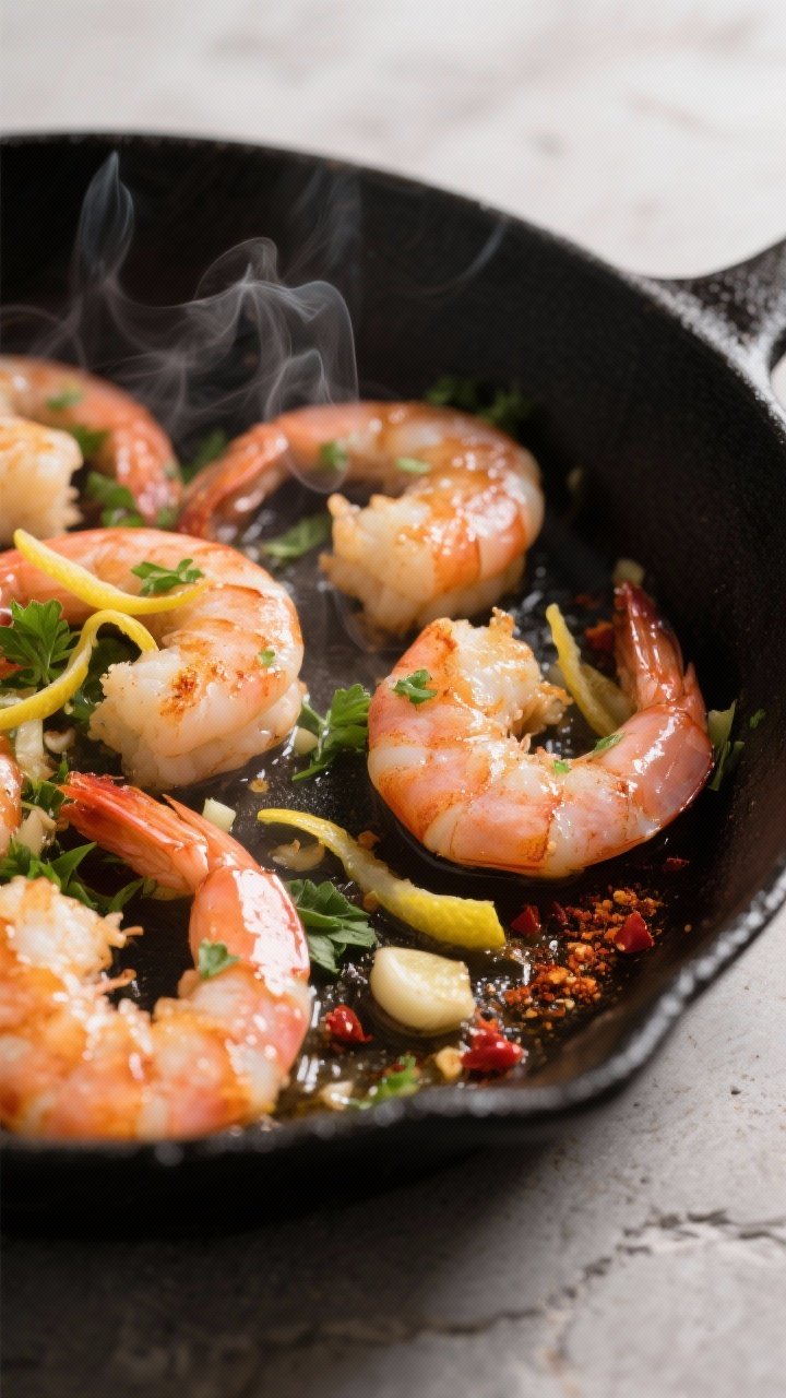 Cooking process, close-up detail: Medium-large shrimp sizzling in a hot skillet, cooked to pink and 