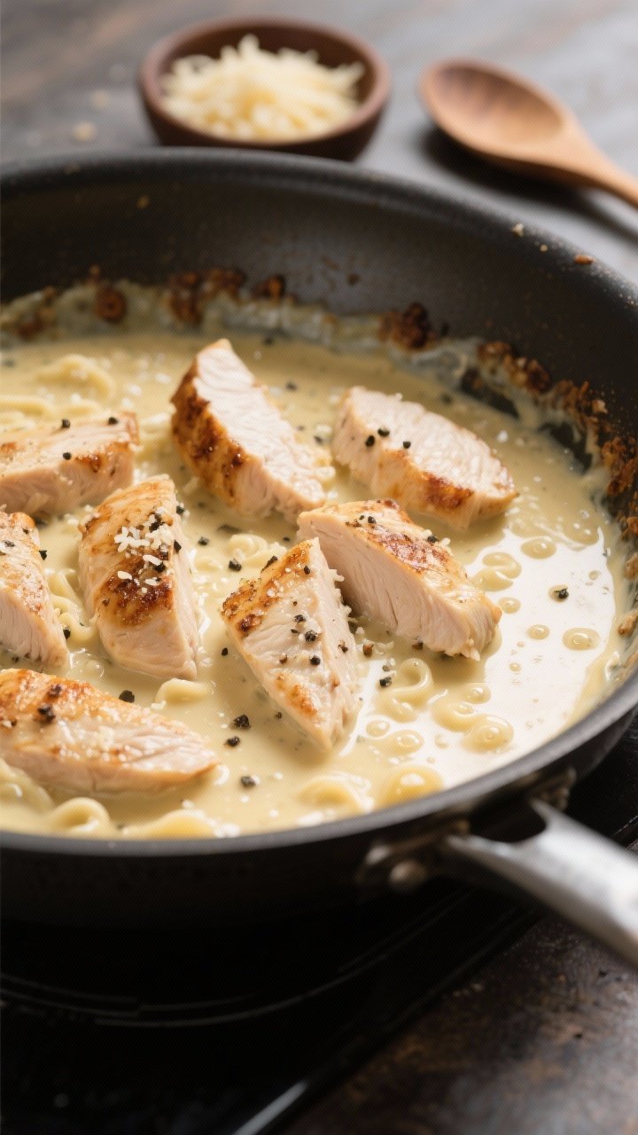 Cooking process, close-up detail: Pan-seared chicken slices being tossed back into a silky garlic-Pa