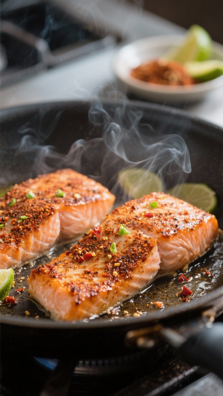 Cooking process, close-up detail: Pan-seared salmon just after flipping in a lightly oiled skillet, 