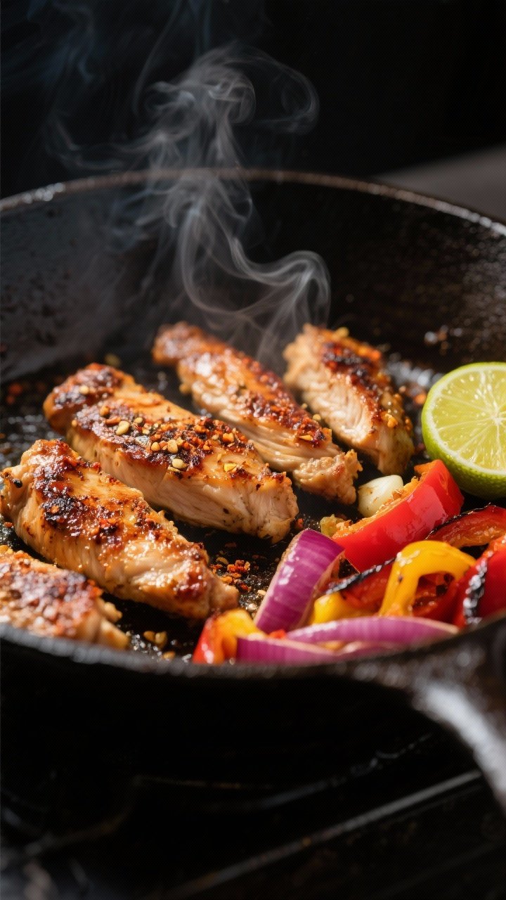 Cooking process, close-up detail: Sautéed chicken strips in a cast-iron skillet, deeply browned and