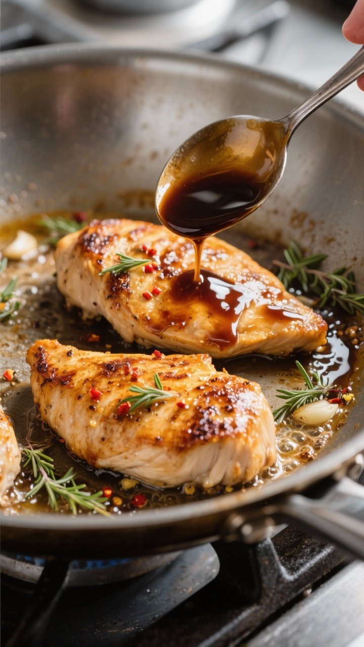 Cooking process, close-up detail: Searing balsamic-glazed chicken breasts in a large stainless skill