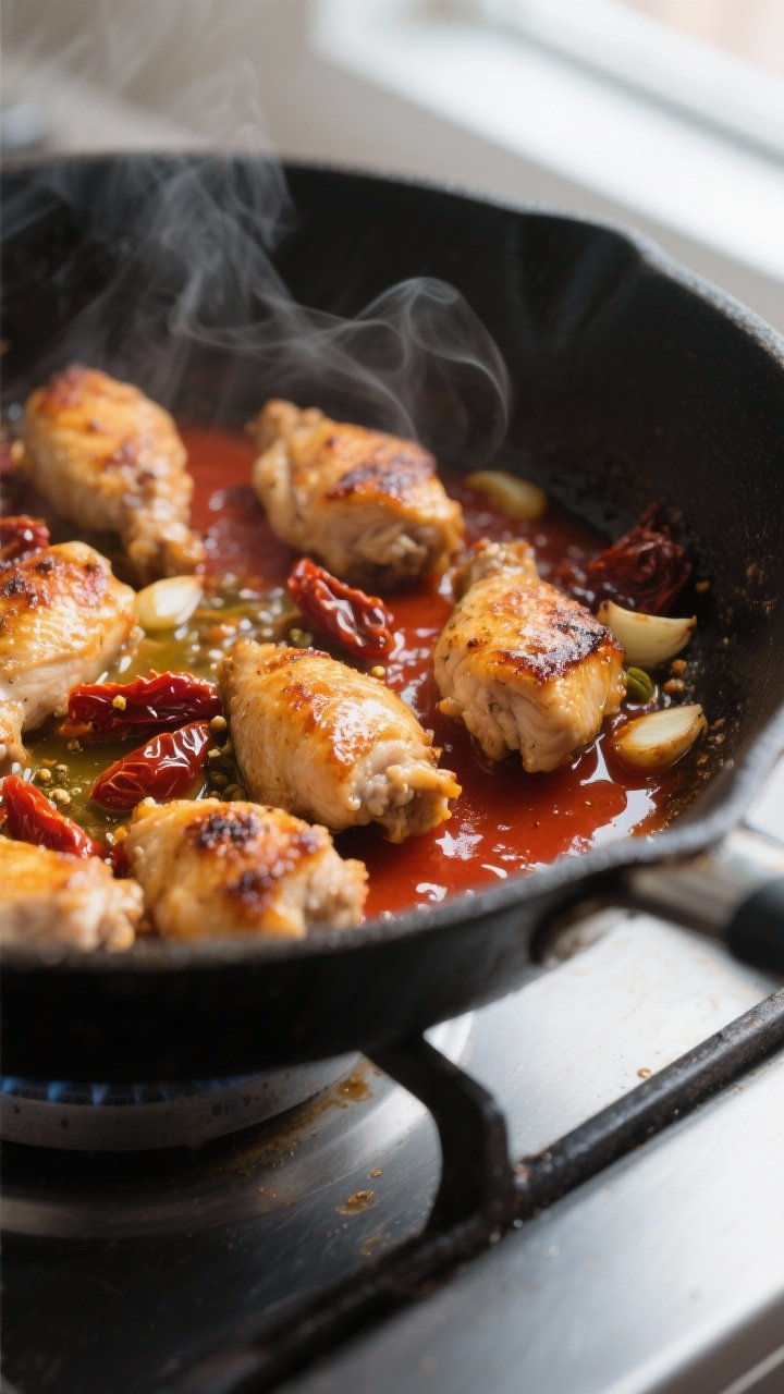 Cooking process, close-up detail — Searing bite-size chicken in a large skillet: golden-brown cara