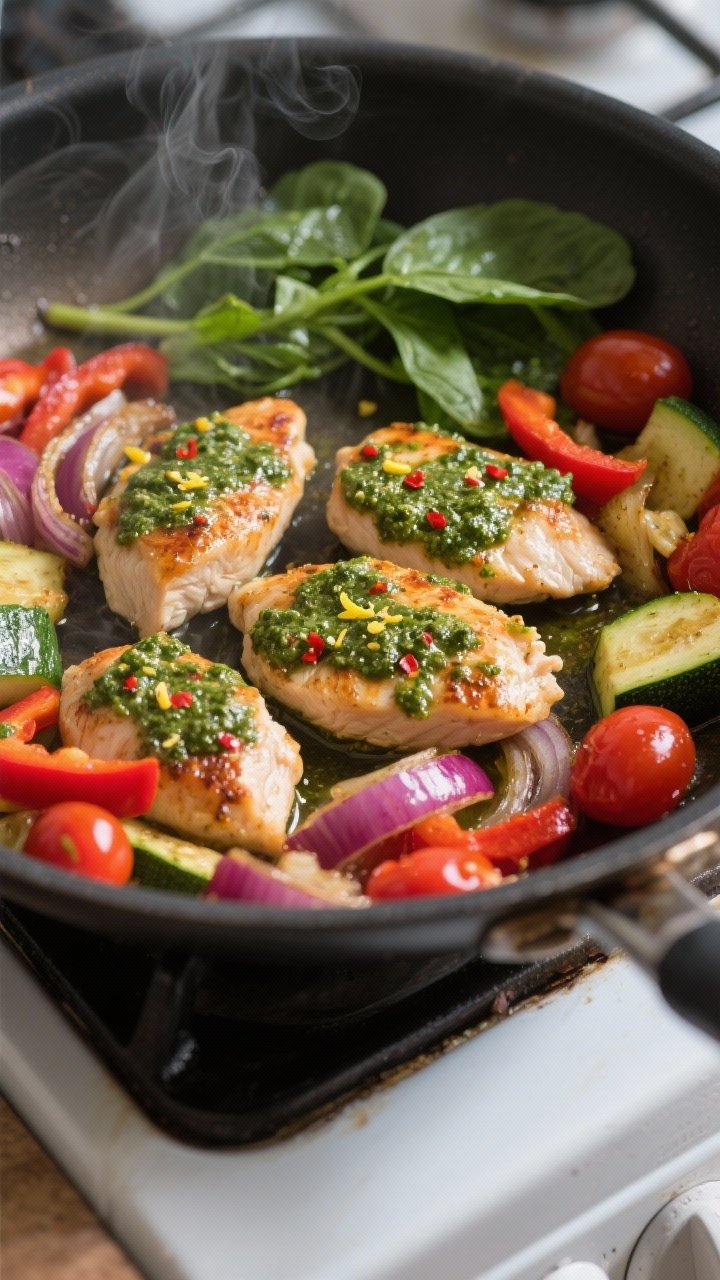 Cooking process, close-up detail: Searing bite-size chicken breast pieces in a large stainless skill