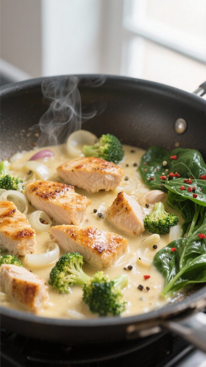 Cooking process, close-up detail: Searing bite-size chicken breast pieces in a large stainless skill