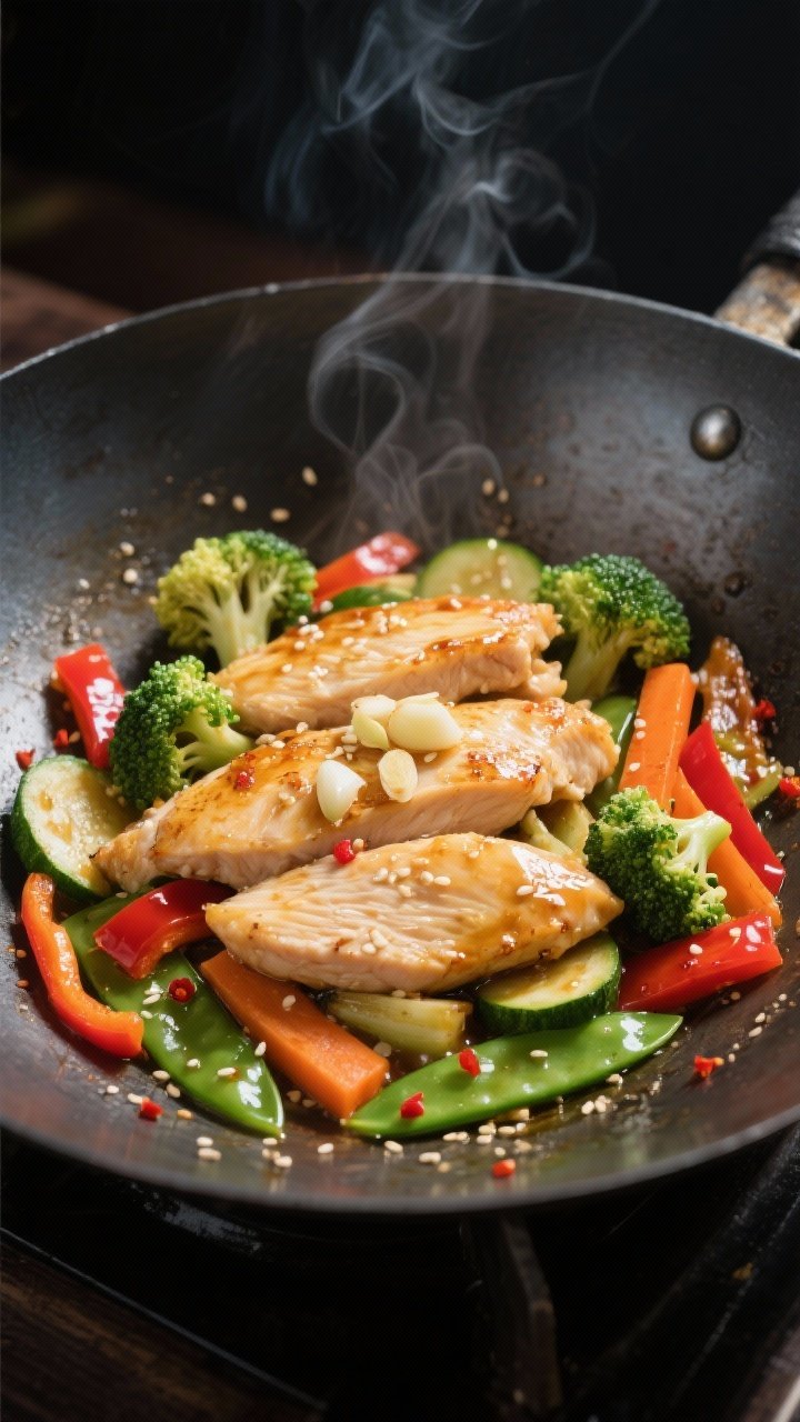 Cooking process, close-up detail: Searing chicken breast strips in a hot carbon steel wok, glossy an