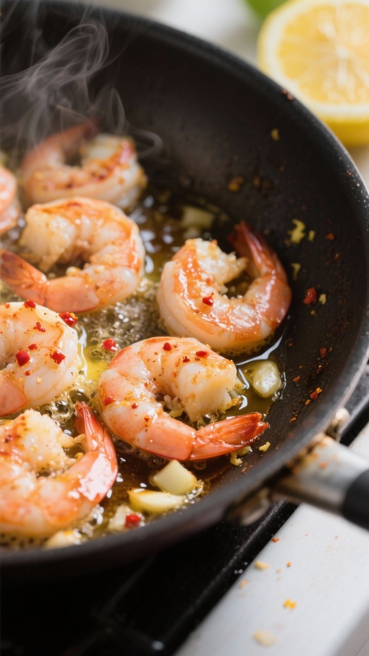 Cooking process, close-up detail: Searing garlic shrimp in a large skillet, shrimp just turned pink 