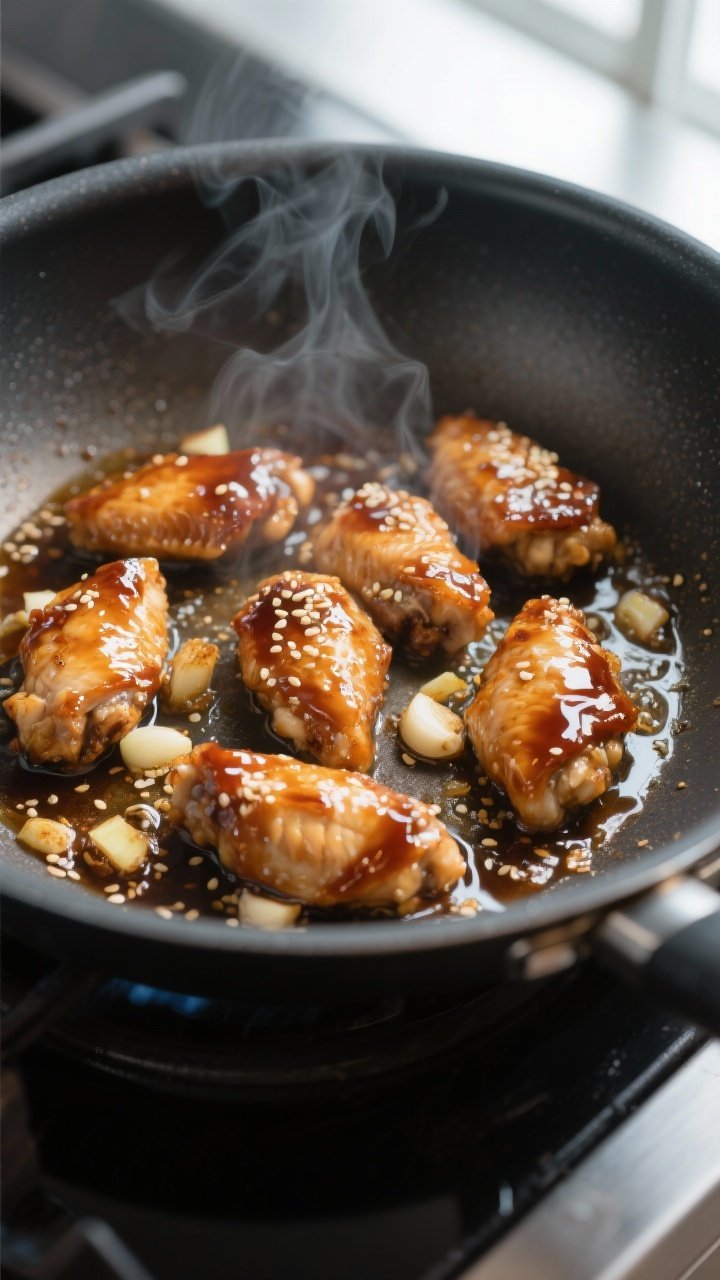 Cooking process, close-up detail: Searing honey-garlic chicken bites in a large nonstick skillet, mi