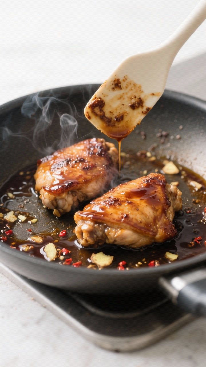 Cooking process, close-up detail: Searing low-sugar teriyaki chicken thighs in a large stainless ski