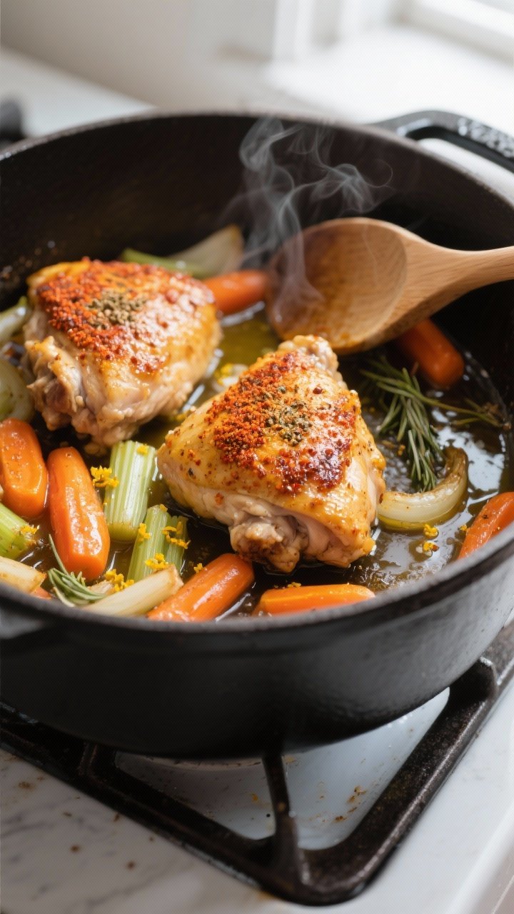 Cooking process, close-up detail: Searing spiced chicken thighs in a matte black Dutch oven, golden-