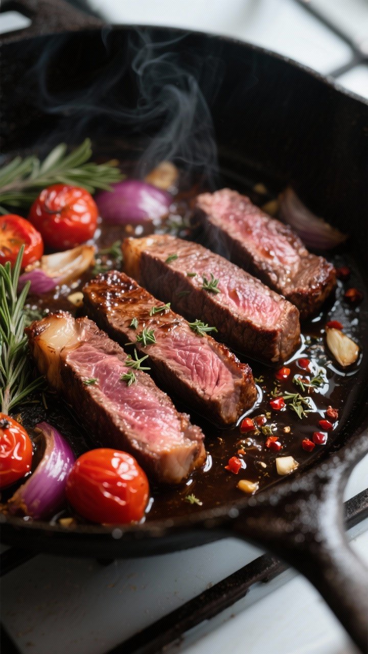 Cooking process, close-up detail: Searing strips of beef sirloin in a heavy skillet, deeply browned
