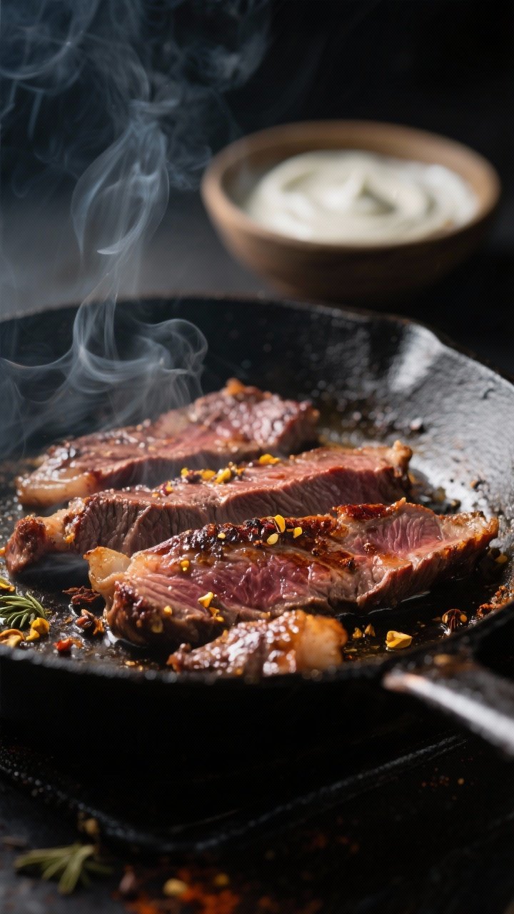 Cooking process, close-up detail: Searing thinly sliced beef shawarma in a smoking-hot cast-iron ski