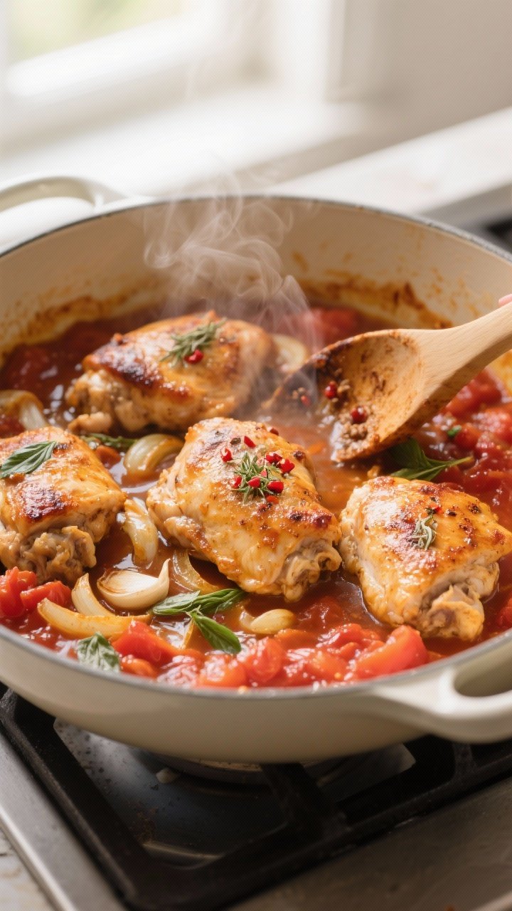 Cooking process, close-up detail: Searing tomato-basil chicken in a wide enameled Dutch oven, mid-si