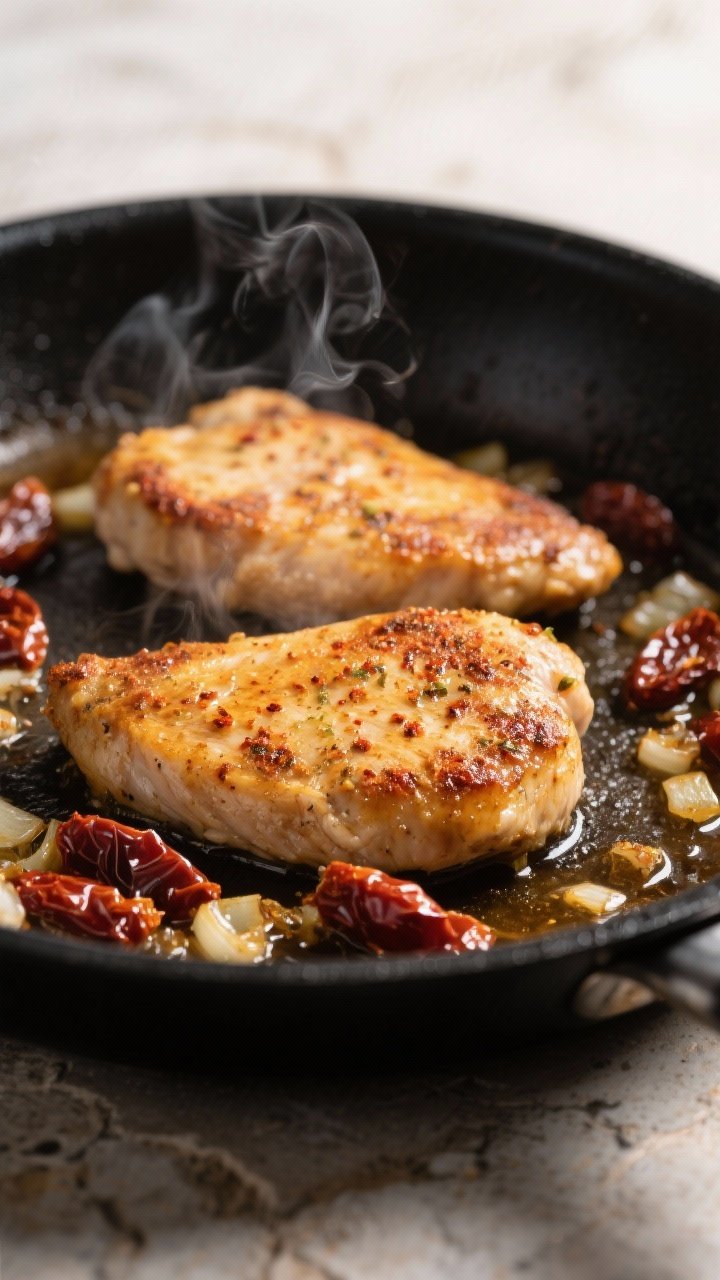 Cooking process, close-up detail: Searing Tuscan chicken cutlets in a large skillet, golden-brown cr