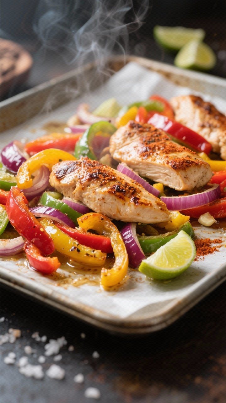 Cooking process, close-up detail: Sheet pan chicken fajitas fresh from the oven at 425°F, close-up 