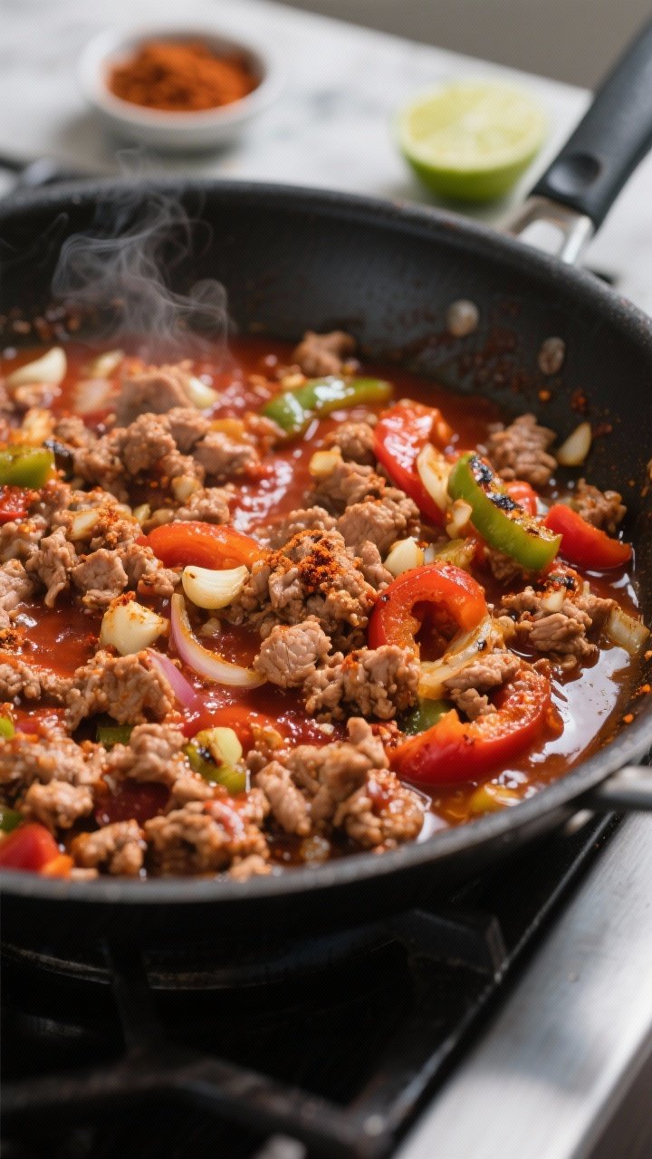 Cooking process, close-up detail: Sizzling browned ground turkey in a large skillet, coated in a glo
