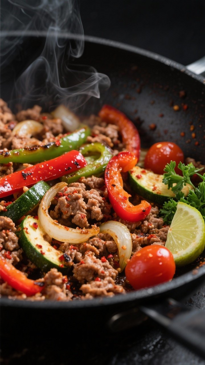 Cooking process, close-up detail: Sizzling Cajun ground turkey and sautéed peppers in a large black