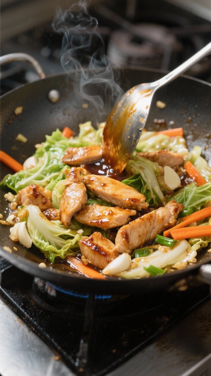Cooking process, close-up detail: Sizzling chicken cabbage stir-fry mid-cook in a carbon-steel wok, 