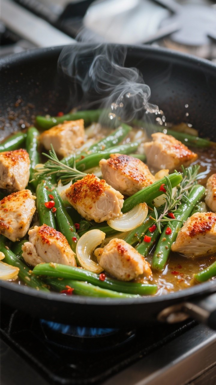 Cooking process, close-up detail: Sizzling chicken and green beans in a large black skillet mid-cook