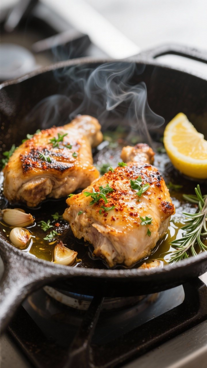 Cooking process, close-up detail: Sizzling garlic-herb chicken thighs searing in a cast-iron skillet