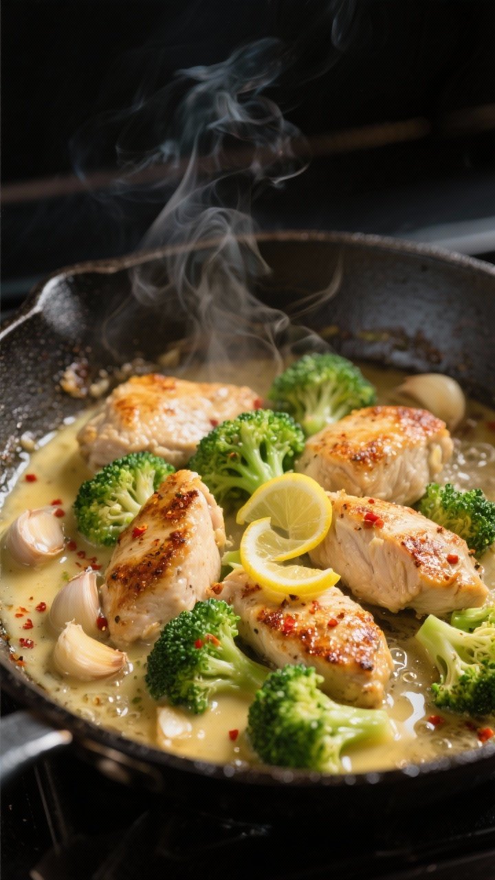 Cooking process, close-up detail: Sizzling garlic butter chicken in a cast-iron skillet mid-cook, bi