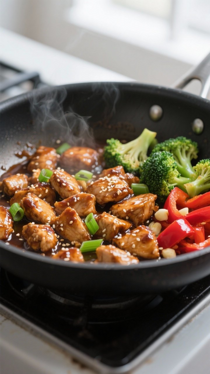 Cooking process, close-up detail: Sizzling ginger-sesame chicken bite-size pieces in a large skillet
