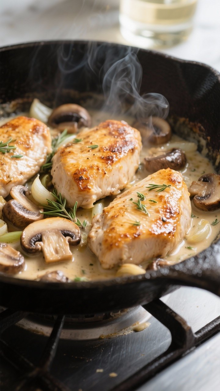 Cooking process, close-up detail: Sizzling golden-browned chicken cutlets nestled in a skillet of sa