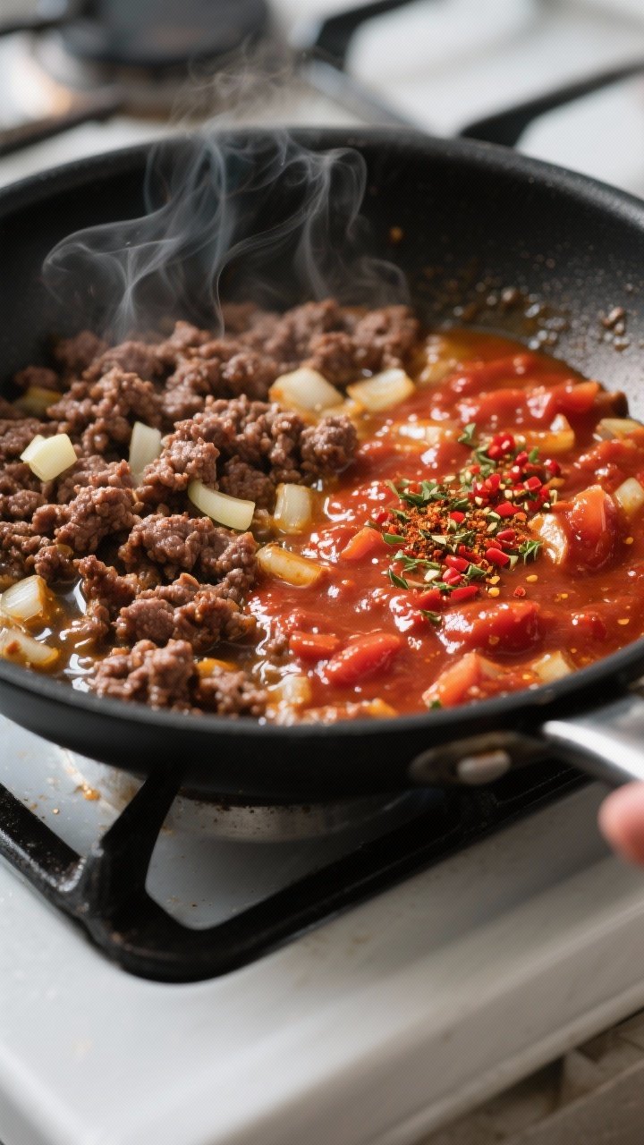 Cooking process, close-up detail: Sizzling ground beef browned with crisp edges in a large skillet,
