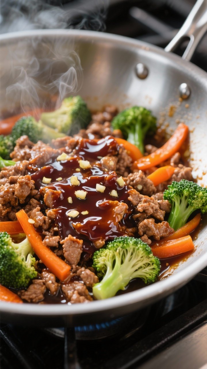 Cooking process, close-up detail: Sizzling ground turkey glazed in glossy teriyaki sauce in a wide s