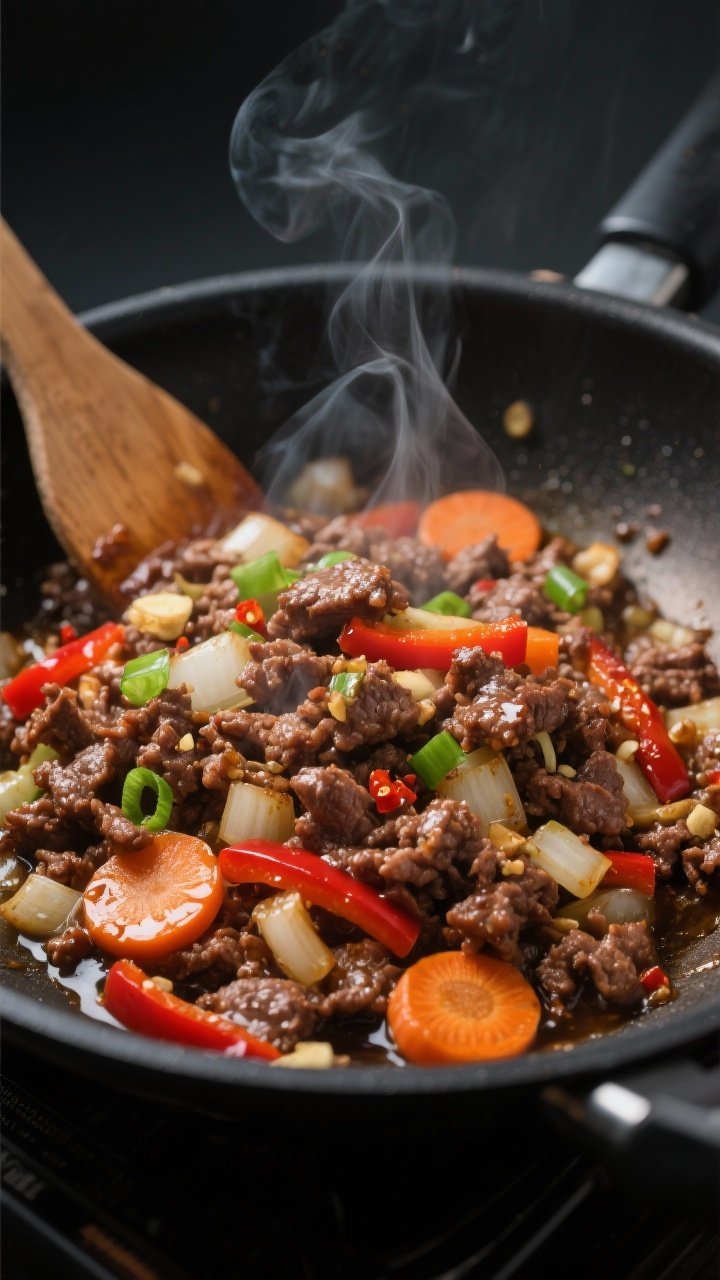 Cooking process, close-up detail: Sizzling ground beef and sautéed vegetables in a wide black skill