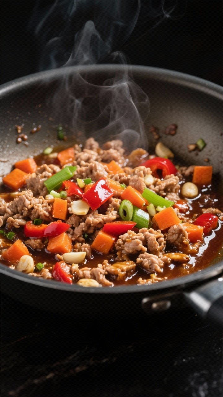 Cooking process, close-up detail: Sizzling ground turkey in a wide stainless skillet mid-cook, coate