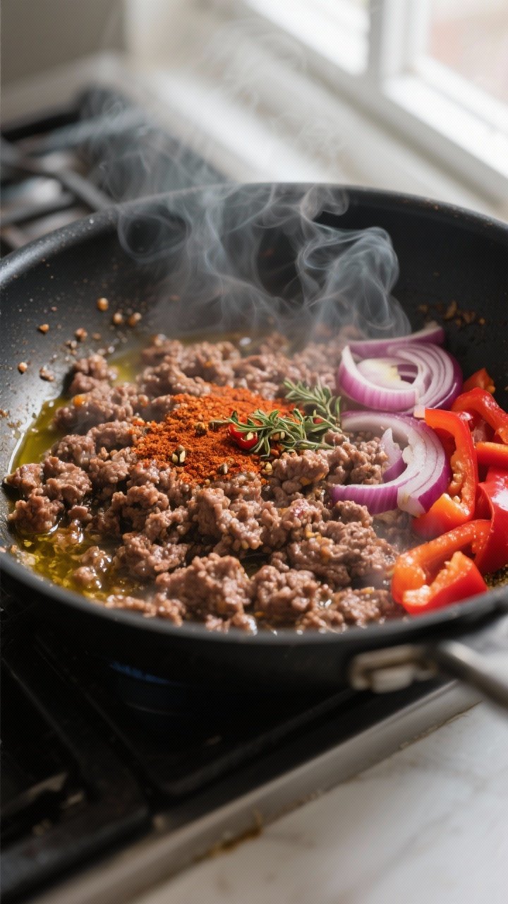 Cooking process, close-up detail: Sizzling ground beef in a large skillet, cooked through and crumbl