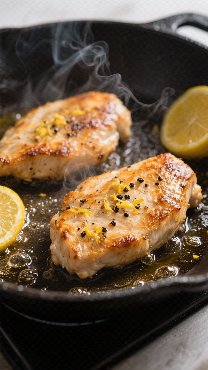 Cooking process, close-up detail: Sizzling lemon pepper chicken cutlets searing in a preheated oven-
