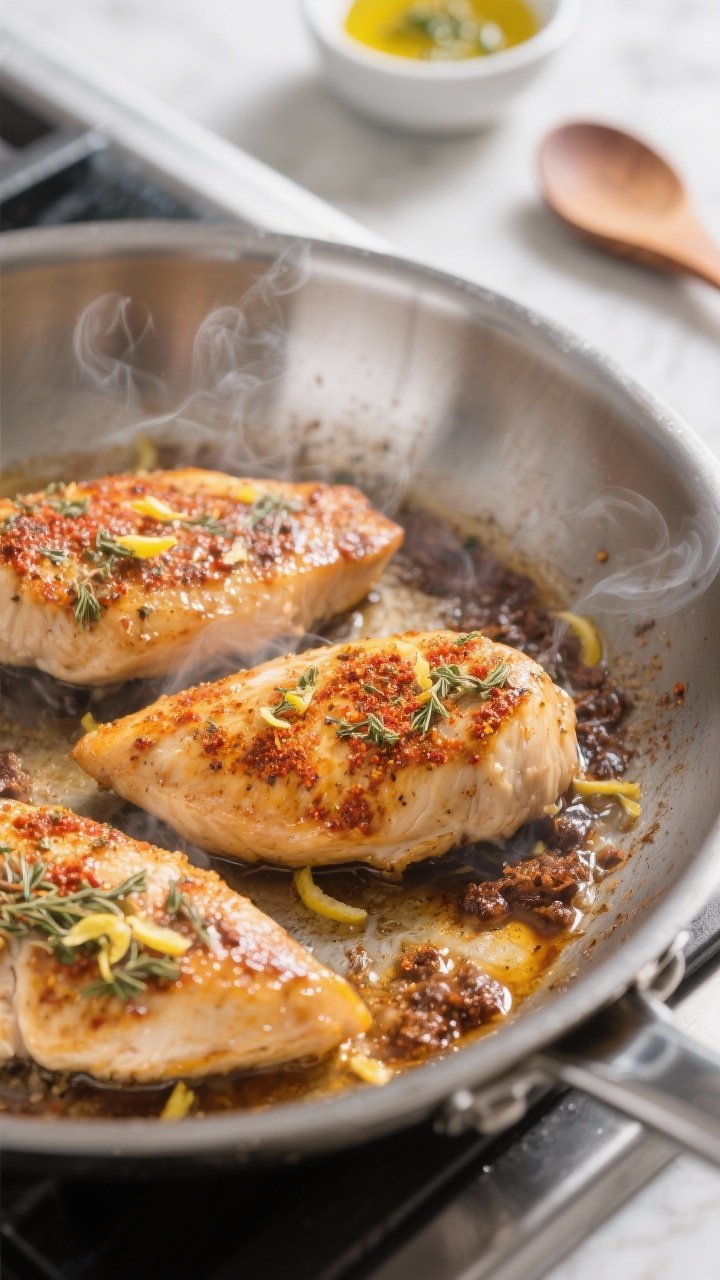 Cooking process, close-up detail: Sizzling Mediterranean-spiced chicken breasts in a stainless-steel