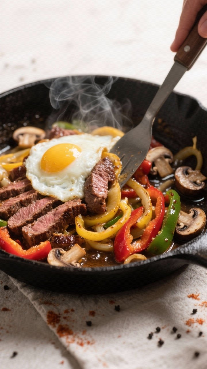 Cooking process, close-up detail: Sizzling Philly cheesesteak skillet mid-cook with thinly sliced se