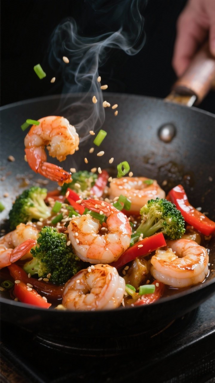 Cooking process, close-up detail: Sizzling sesame ginger shrimp in a well-seasoned wok, shrimp just 