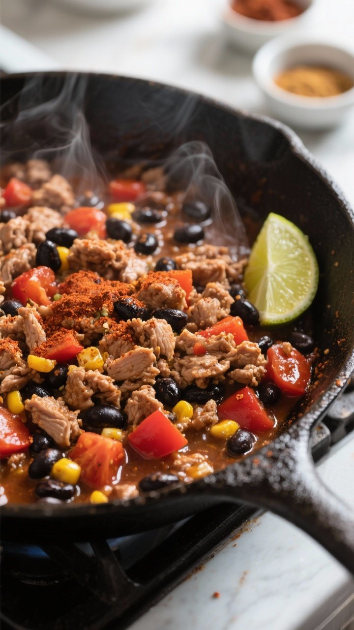 Cooking process, close-up detail: Sizzling turkey and black bean skillet mid-simmer, close-up of bro