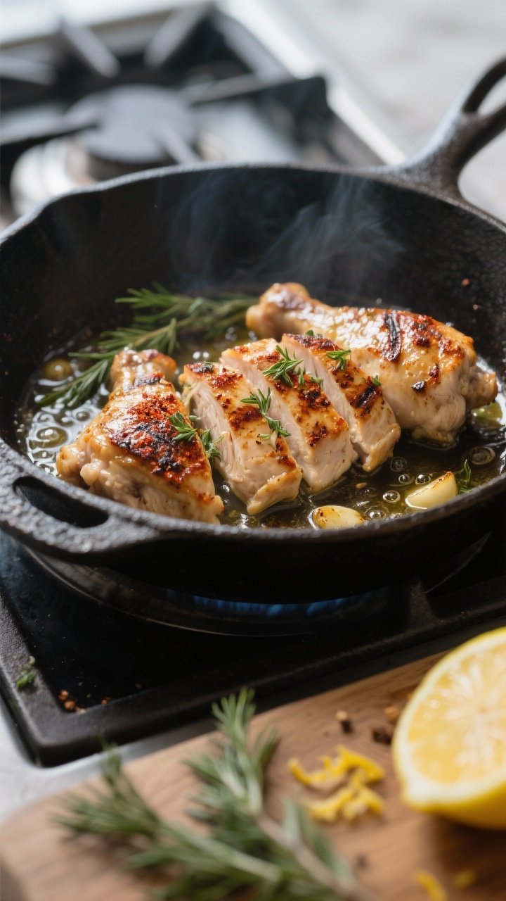 Cooking process, close-up detail: Sliced, char-marked Mediterranean chicken thighs sizzling in a cas
