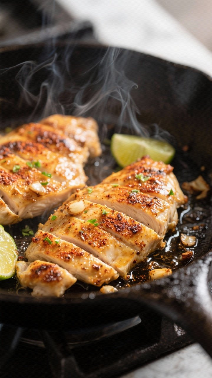 Cooking process, close-up detail: Sliced garlic-lime marinated chicken searing in a hot cast-iron sk