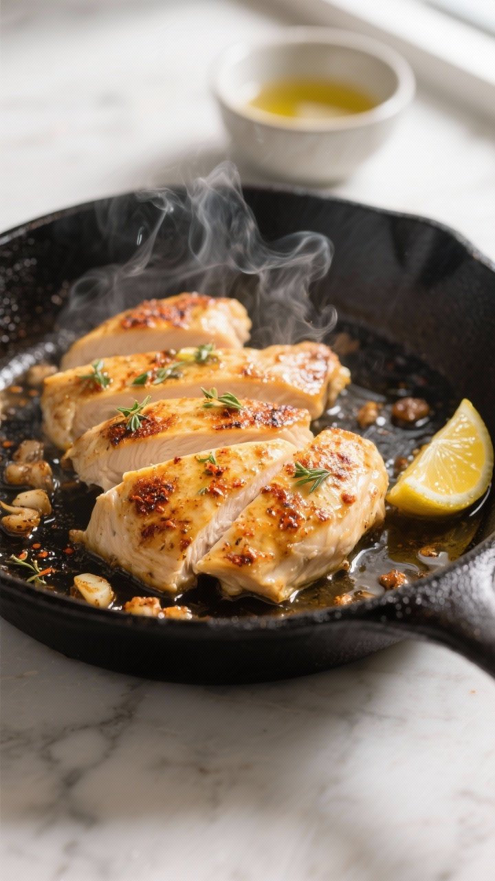 Cooking process, close-up detail: Sliced lemon-garlic marinated chicken breasts sizzling in a prehea