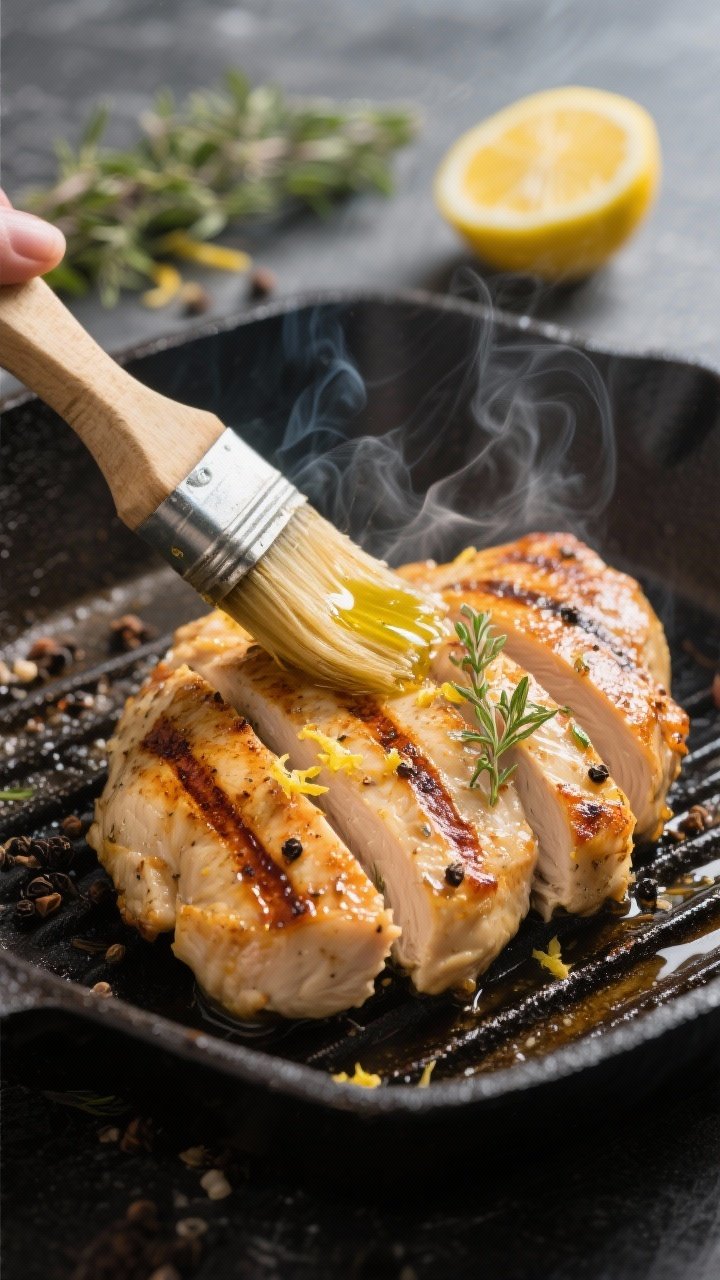 Cooking process, close-up detail: Sliced lemon-herb grilled chicken just off a cast-iron grill pan,