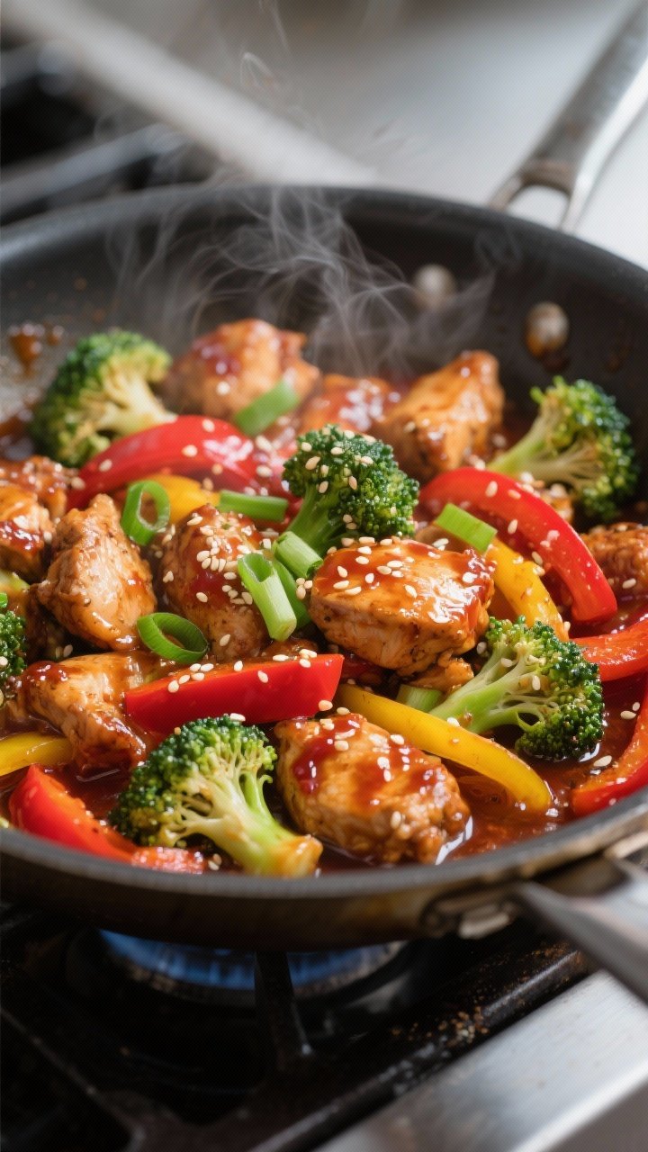 Cooking process, close-up detail: Sriracha chicken stir-fry simmering in a wide stainless skillet, b