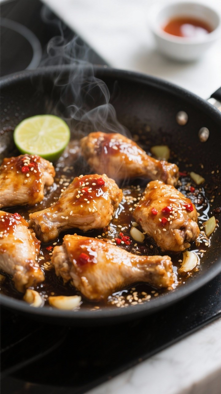 Cooking process, close-up detail: Sriracha honey–glazed chicken thigh pieces sizzling in a large b