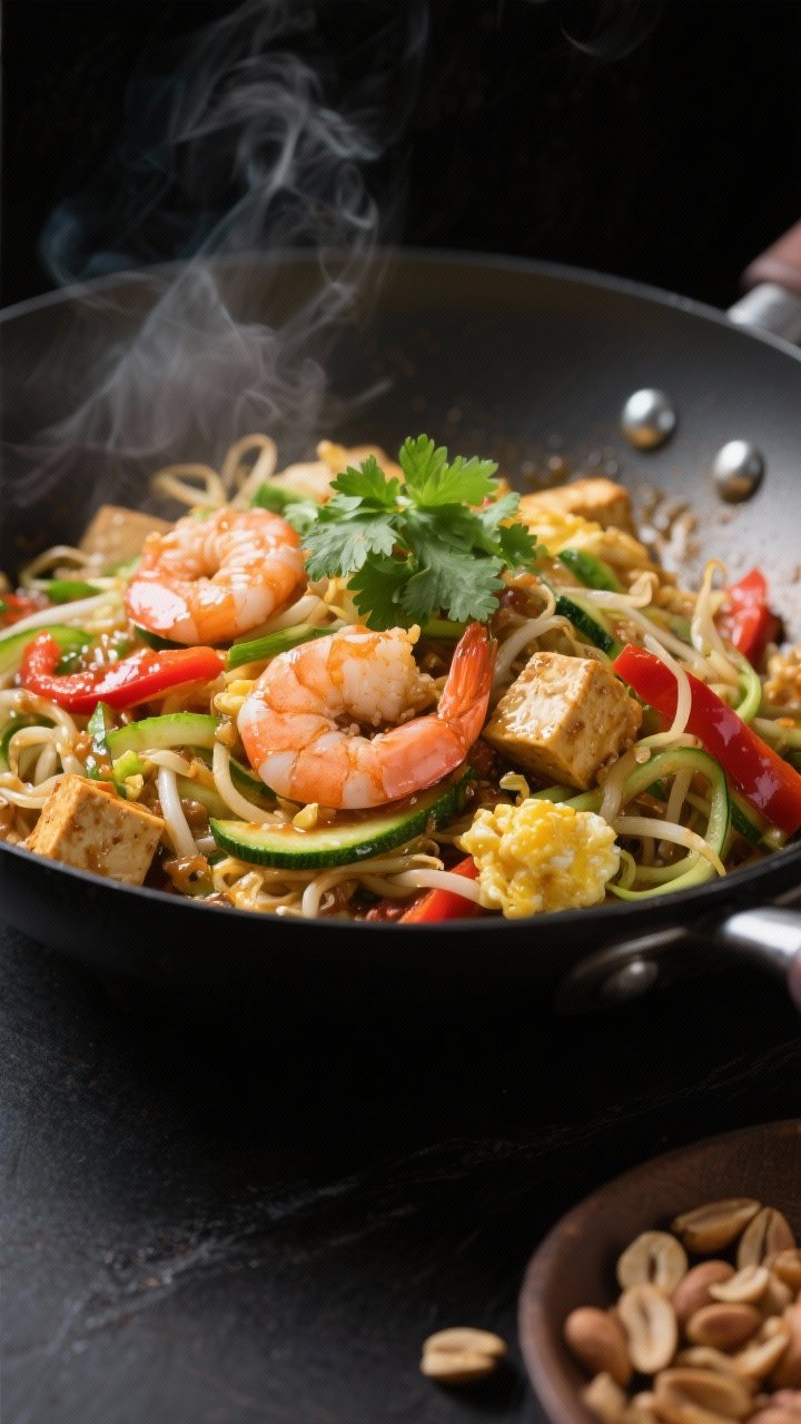 Cooking process, close-up detail: Zoodle Pad Thai in a sizzling nonstick wok, shrimp just turned pin