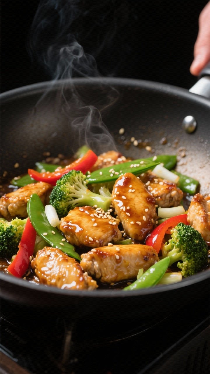 Cooking process close-up: Golden-browned sesame ginger chicken pieces sizzling in a nonstick wok, gl