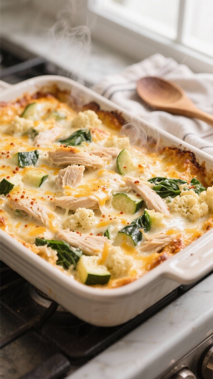 Cooking process close-up: Golden, bubbling Low-Carb Chicken Alfredo Bake just out of the oven in a 9