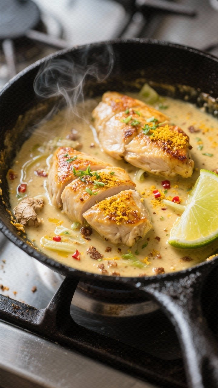 Cooking process close-up: Golden-seared chicken breasts nestled back into a gently simmering coconut