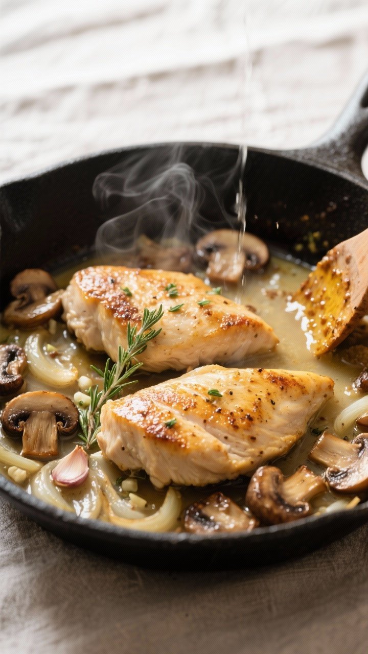 Cooking process close-up: Golden-seared chicken cutlets nestled in a skillet with deeply browned cre