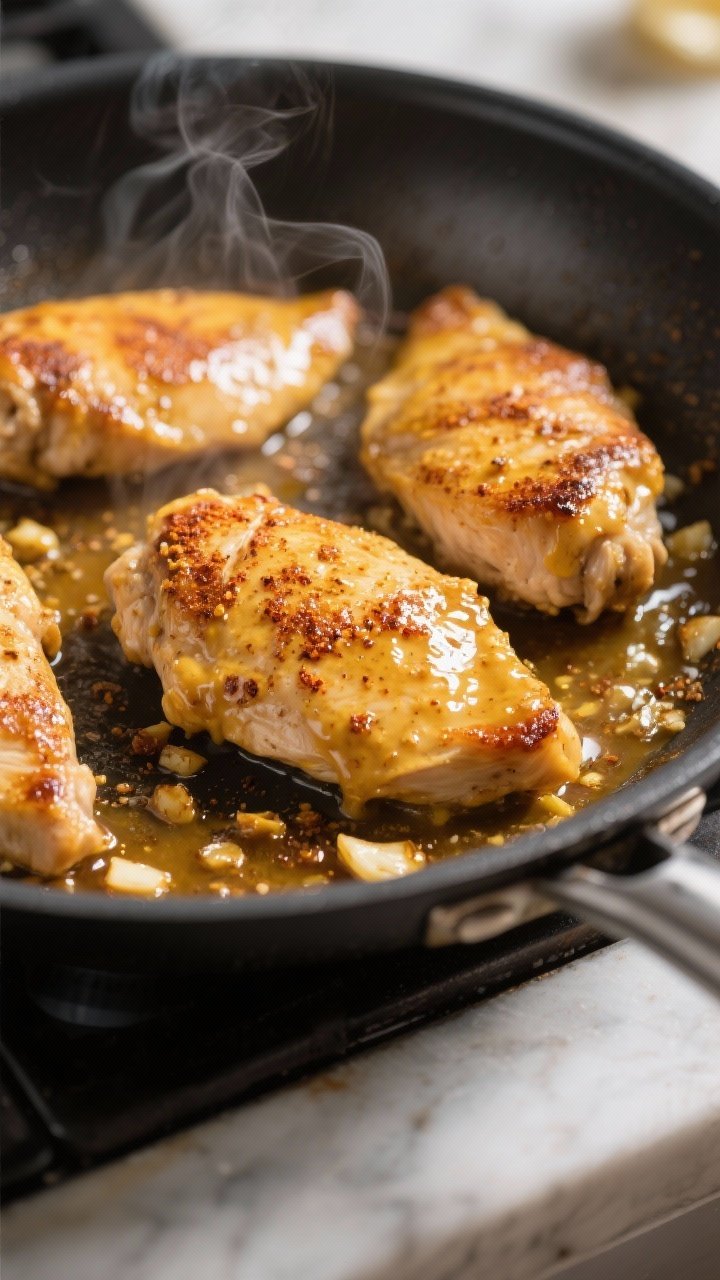 Cooking process close-up: Golden-seared honey mustard chicken cutlets in a large nonstick skillet, m