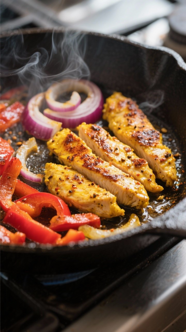 Cooking process close-up: Golden turmeric-marinated chicken strips sizzling in a cast-iron skillet, 